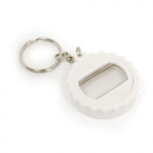 Plastic bottle opener keyring in the style of a bottle lid. Available in blue, purple and white
