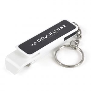 3 in 1 lightweight keyring with bottle opener, can opener and mobile phone stand.