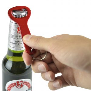 Compact, practical and durable, the aluminium bottle opener has a silver split ring ready to attach to your keys. Available in black, blue, red.