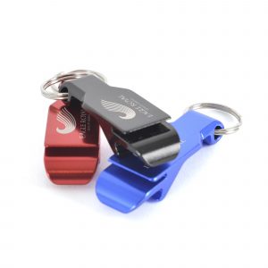 Wide body aluminium bottle and can opener keyring.