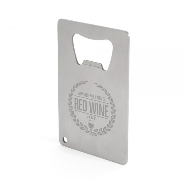 Brushed metal credit card shaped bottle opener.