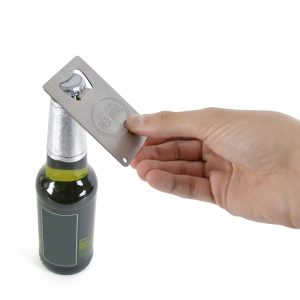 Brushed metal credit card shaped bottle opener.
