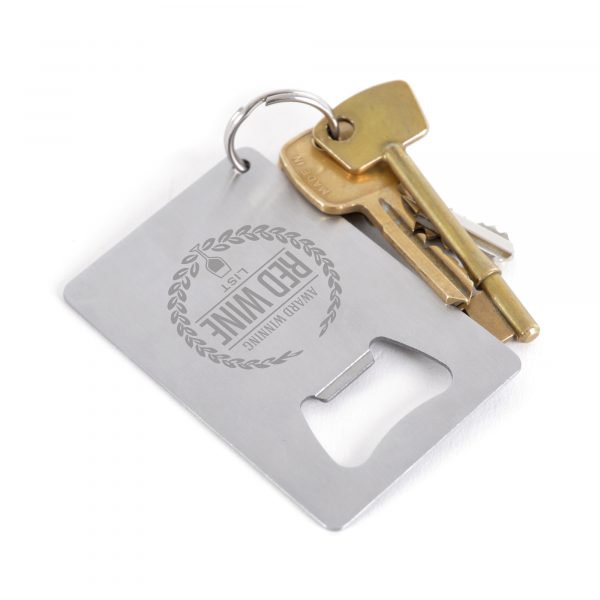 Brushed metal credit card shaped bottle opener.