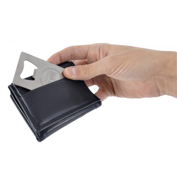 Brushed metal credit card shaped bottle opener.