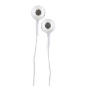 Earphones with a 3.5mm earphone jack plug. All housed in a square plastic case. Available in white.