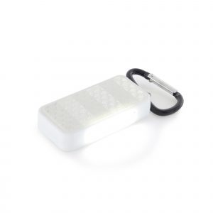 White plastic 5 COB LED light with reflective side and carabiner attachment. 2 light settings; flashing or constant.