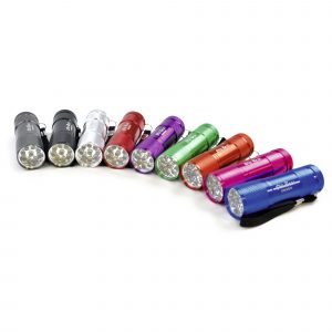 Metal 9 LED torch. 3 AAA batteries included. Available in various colours