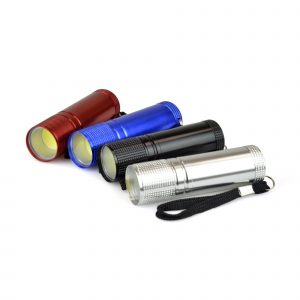 COB LED aluminium torch with black wrist strap and push-button activation. Batteries included. Available in 4 colours.