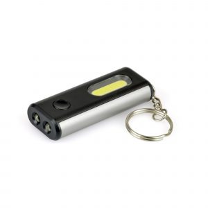 Aluminium COB LED super bright torch keyring with split ring attachment. There is illumination to the front and side of the unit, both activated by the click of a button. Batteries included. Available in gun metal