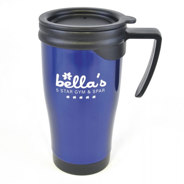 450ml double walled, coloured stainless steel travel mug with PP plastic interior, black push on lid, black handle. BPA & PVC free.