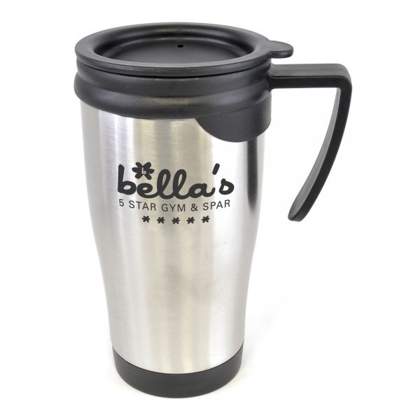 450ml double walled, stainless steel travel mug with PP plastic interior, black push on lid, black handle and black trim on base of mug. BPA & PVC free.