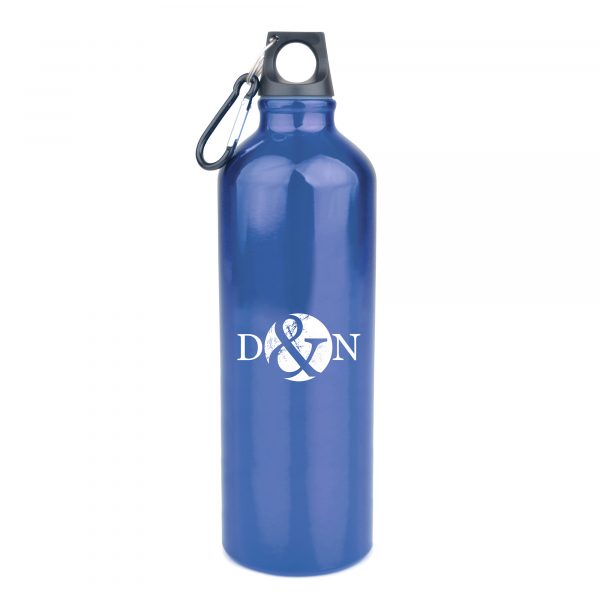 1 litre single walled, glossy aluminium sports bottle with a black PP plastic screw cap and black carabiner clip. BPA & PVC free.