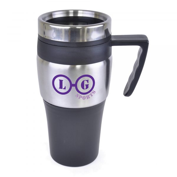 375ml double walled, stainless steel travel mug with PP plastic interior, screw on lid and slide cover. BPA & PVC free