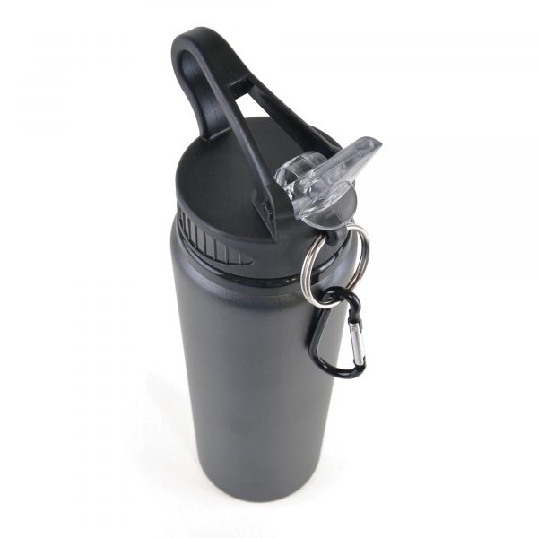 800ml single walled, aluminium drinks bottle with a PP and PS plastic lid. Features include a large fold out sipper with straw and black carabiner clip. BPA & PVC free. Available in various colours.