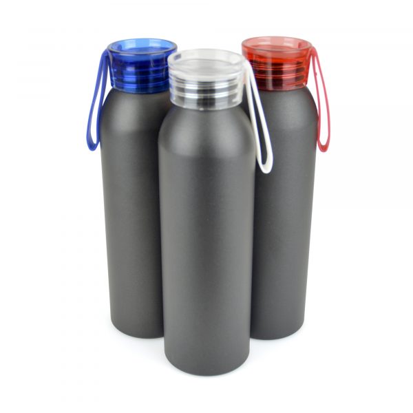 600ml single walled, aluminium sports bottle with a coloured AS plastic screw top lid and silicone strap. BPA & PVC free.