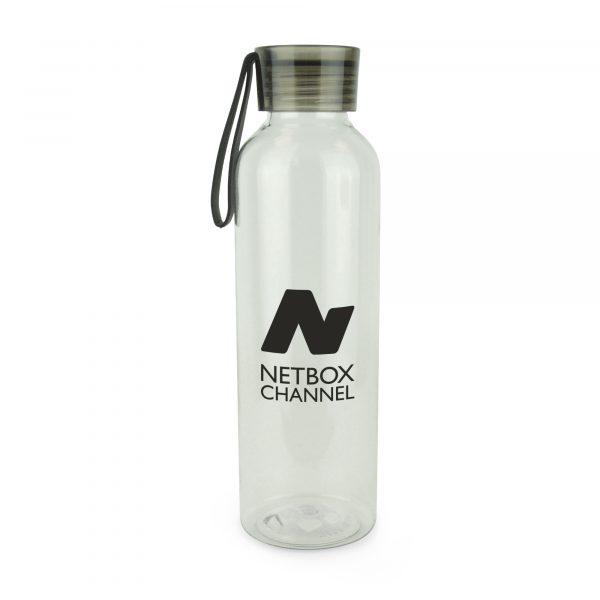 600ml single walled Tritan plastic sports bottle with coloured screw top PS lid and silicone carry strap. BPA & PVC free. Available in translucent with black, blue and red trim.