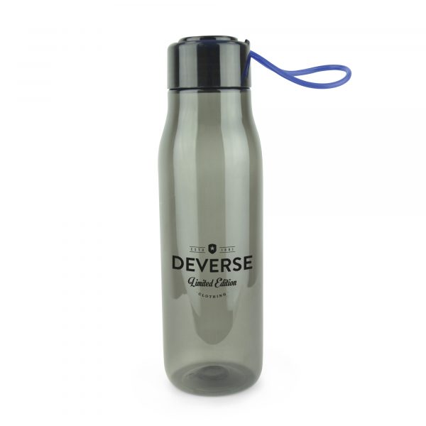 700ml single walled Tritan plastic sports bottle featuring secure screw top AS plastic lid and coloured silicone carry strap. BPA & PVC free. Available in smoked black with red, blue and white trim.