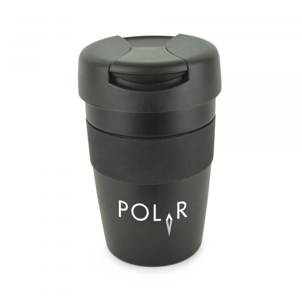 350ml double walled black stainless steel take out tumbler with black silicone grip band and secure sipper. BPA & PVC free. Available in black