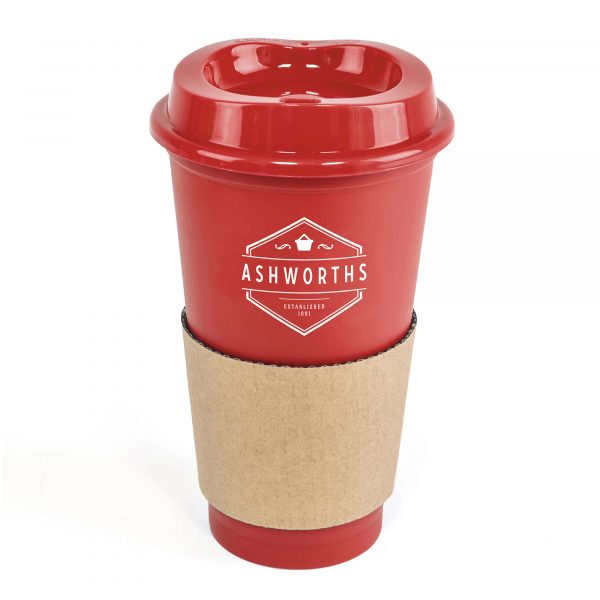 500ml single walled PP plastic take out style coffee mug. Coloured lid matches the mug and it comes with a brown cardboard sleeve for grip and protection when holding. BPA & PVC free.