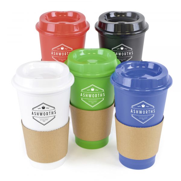 500ml single walled PP plastic take out style coffee mug. Coloured lid matches the mug and it comes with a brown cardboard sleeve for grip and protection when holding. BPA & PVC free.