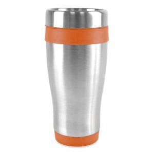 450ml double walled, stainless steel tumbler with PP plastic interior, coloured base, top and lid. Screw top lid with secure slide sipper. BPA & PVC free