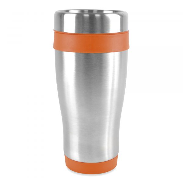 450ml double walled, stainless steel tumbler with PP plastic interior, coloured base, top and lid. Screw top lid with secure slide sipper. BPA & PVC free