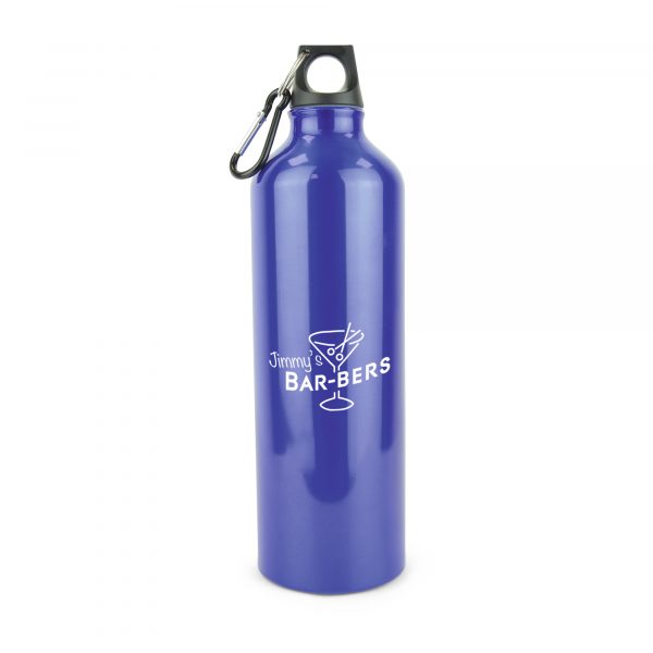 750ml single walled glossy aluminium drinks bottle with black screw on PP plastic lid and black carabiner. BPA & PVC free. Available in 4 colours.