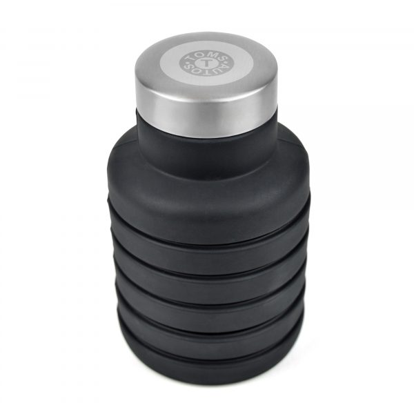 550ml single walled collapsible coloured silicone drinks bottle with stainless steel screw top lid. BPA & PVC free. Available in black