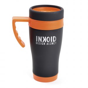450ml double walled, matt black stainless steel travel mug with coloured PP plastic interior, base, handle, top band and screw top lid with secure sliding sipper. BPA & PVC free.