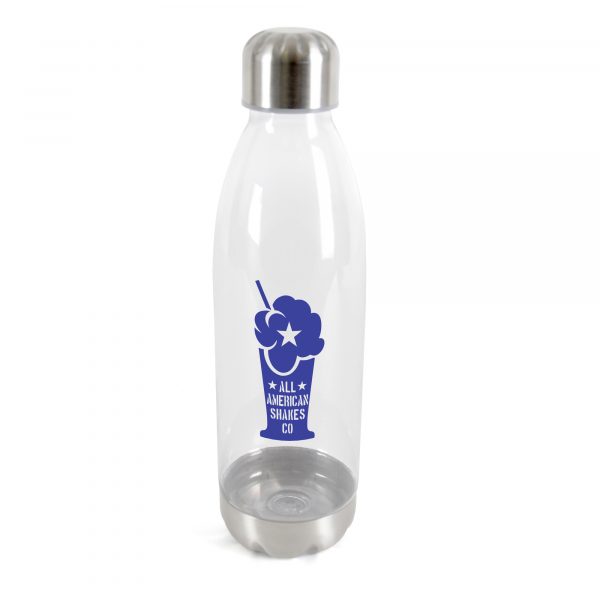 650ml single walled AS plastic bottle with stainless steel base and silver metal screw top lid. BPA & PVC free.