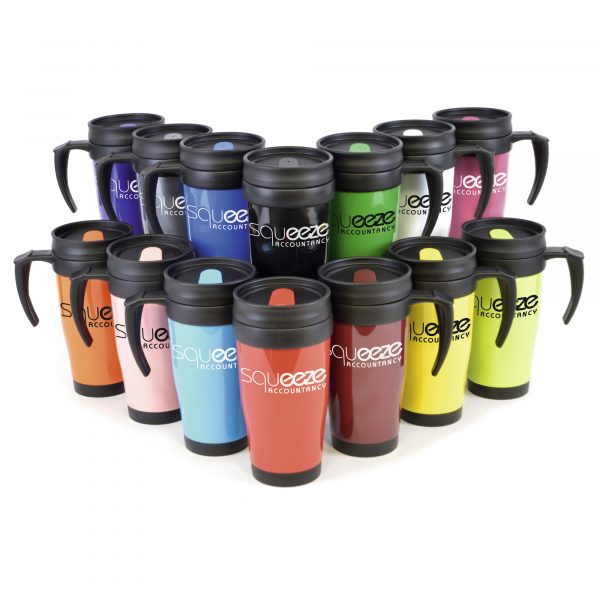 400ml double walled, solid AS plastic coloured travel mug with black PP plastic inner, screw on lid and matching coloured sip cover. BPA & PVC free.