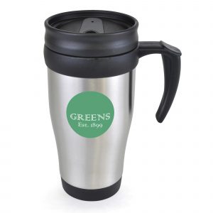 400ml double walled, stainless steel travel mug with black PP plastic interior, screw on lid and slide cover. BPA & PVC free.