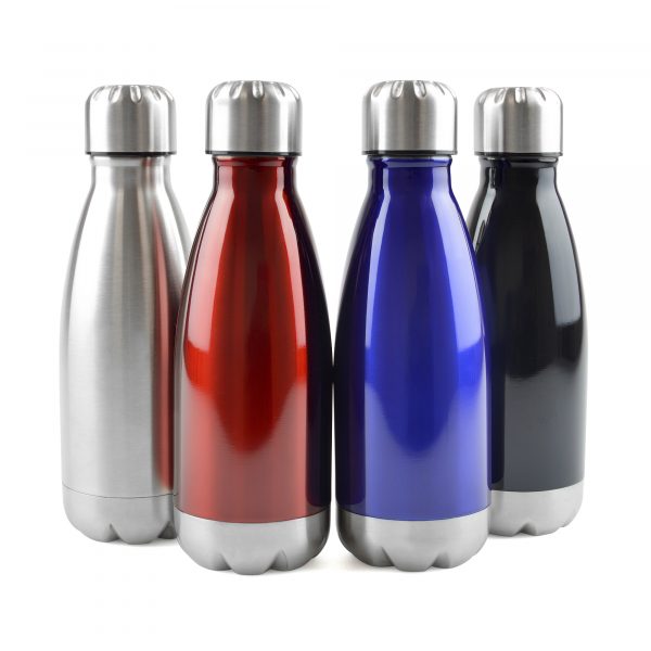 500ml single walled, stainless steel drinks bottle with silver screw on lid, silver base and coloured body. BPA & PVC free