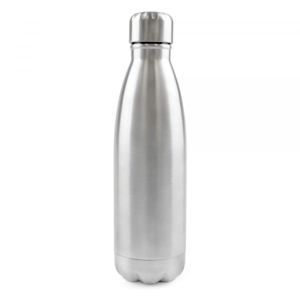 500ml double walled, stainless steel drinks bottle with screw top lid, silver base and coloured body. BPA & PVC free