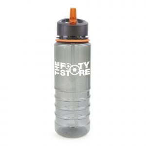 800ml single walled, transparent black, Tritan plastic drinks bottle with black lid, clear straw, coloured band and coloured fold down sip mouth piece (PP plastic Lid, AS plastic sipper and PR plastic straw).