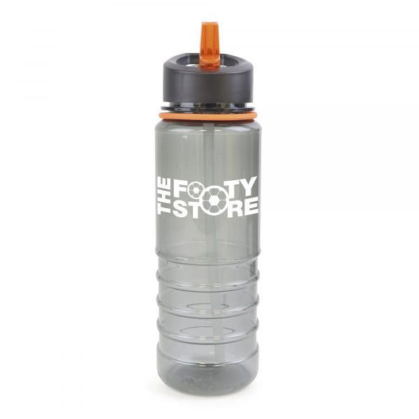 800ml single walled, transparent black, Tritan plastic drinks bottle with black lid, clear straw, coloured band and coloured fold down sip mouth piece (PP plastic Lid, AS plastic sipper and PR plastic straw).