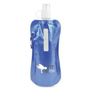 400ml metallic single walled mixed plastic (PA, PE and PET) and aluminium reusable roll up sports bottle with matching coloured carabiner. BPA & PVC free.