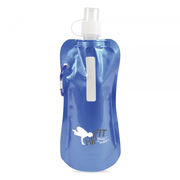 400ml metallic single walled mixed plastic (PA, PE and PET) and aluminium reusable roll up sports bottle with matching coloured carabiner. BPA & PVC free.