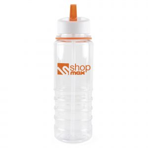 800ml single walled, transparent, Tritan plastic drinks bottle with white lid, clear straw, coloured band and coloured fold down sip mouth piece (PP plastic Lid, AS plastic sipper and PR plastic straw).