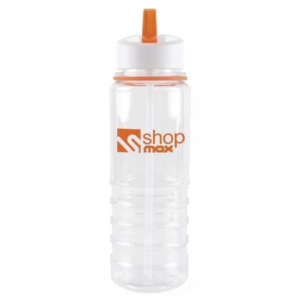 800ml single walled, transparent, Tritan plastic drinks bottle with white lid, clear straw, coloured band and coloured fold down sip mouth piece (PP plastic Lid, AS plastic sipper and PR plastic straw).