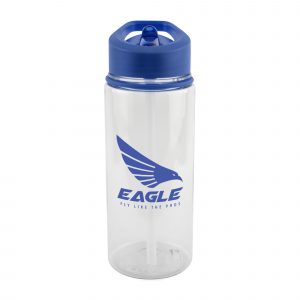 550ml single walled Tritan plastic transparent drinks bottle with clear PR plastic straw, fold down AS plastic sip mouth piece, coloured PP lid, decorative grip band and secure screw top lid. BPA & PVC free. Available in red, white and blue.