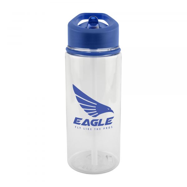 550ml single walled Tritan plastic transparent drinks bottle with clear PR plastic straw, fold down AS plastic sip mouth piece, coloured PP lid, decorative grip band and secure screw top lid. BPA & PVC free. Available in red, white and blue.