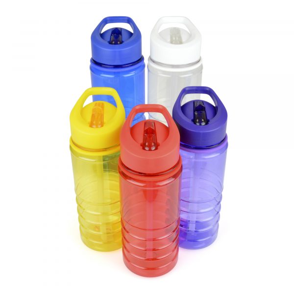 550ml single walled, translucent coloured, Tritan plastic drinks with fold-down drinking straw piece built-in and ridged bottom half for grip. BPA & PVC free.