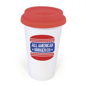 375ml double walled, AS plastic white plastic take out style coffee mug with silicon lid. BPA & PVC free.
