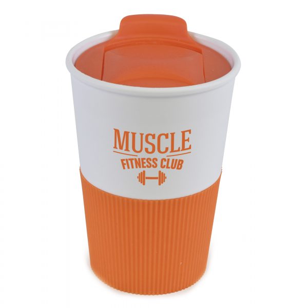 330ml single walled, PP plastic tumbler with matching plastic slider lid and coloured rubber grip (TPR). BPA & PVC free.