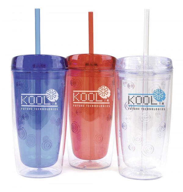 450ml double walled, AS plastic tumbler with matching coloured straw. Not suitable for hot drinks. Tumbler has coloured inner with circle pattern detailing and a translucent outer. BPA & PVC free