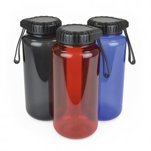 950ml single walled, translucent coloured, Tritan plastic gym bottle with silicone strap and PP Plastic black lid. BPA & PVC free