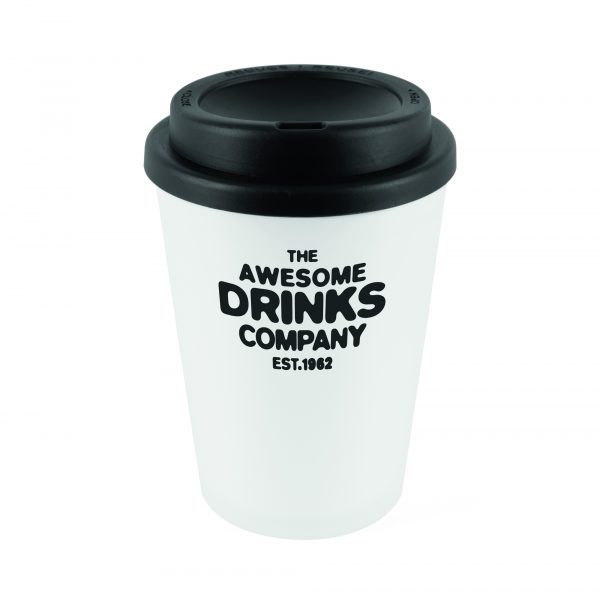 330ml double walled, PP plastic white frosted take out style coffee mug with coloured plastic screw top lid with sipper. BPA & PVC Free.