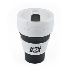355ml single walled, collapsible cup with black silicone body, white PP plastic heat sleeve, trim and secure screw top lid with sipper. BPA & PVC free.