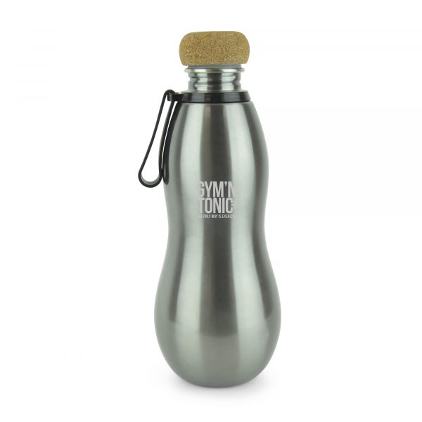 690ml single walled stainless steel bottle with PP plastic and cork screw on lid. Hourglass curve design for easy grip with black plastic and silicone carry strap attachment. BPA & PVC free. Available in gun metal.